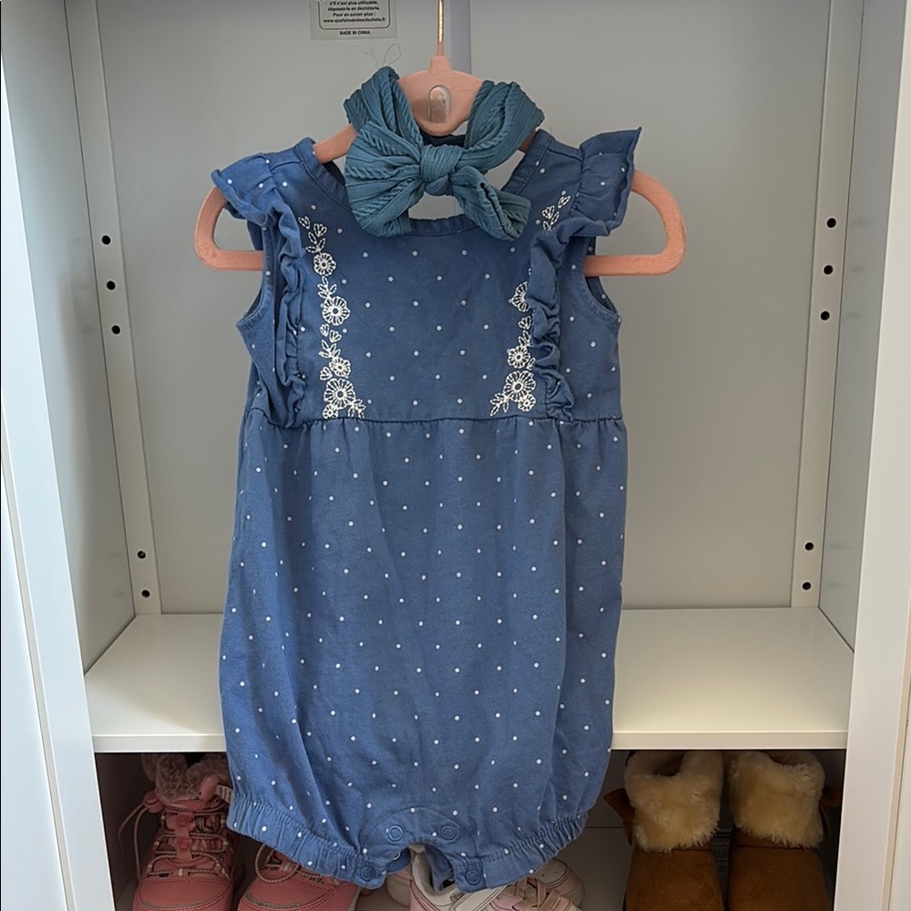 Blue Polka Dot Baby Romper with Bow